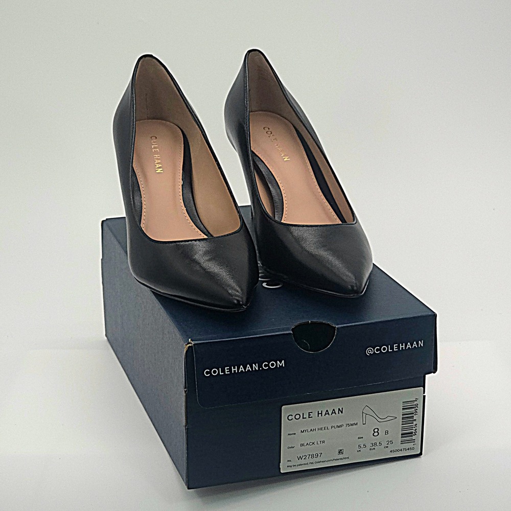 Cole Haan Mylah Heel Pump NIB 75mm Black Leather Pointed Toe Women's Size 8B - Picture 2 of 7